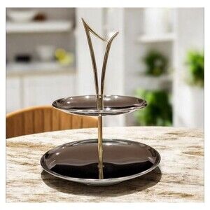 Vintage Kromex 2 Tier Tray Chrome Brass Handle MCM Appetizer Hors d'oeuvres 11"